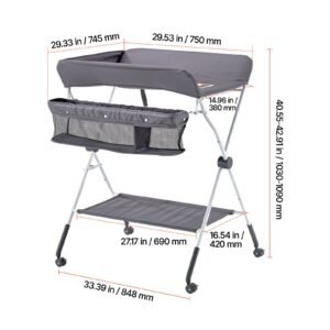baby changing table, foldable diaper change station with side basket, adjustable height portable changing table with lockable wheels, multi functional storage organizer nursery, dark gray