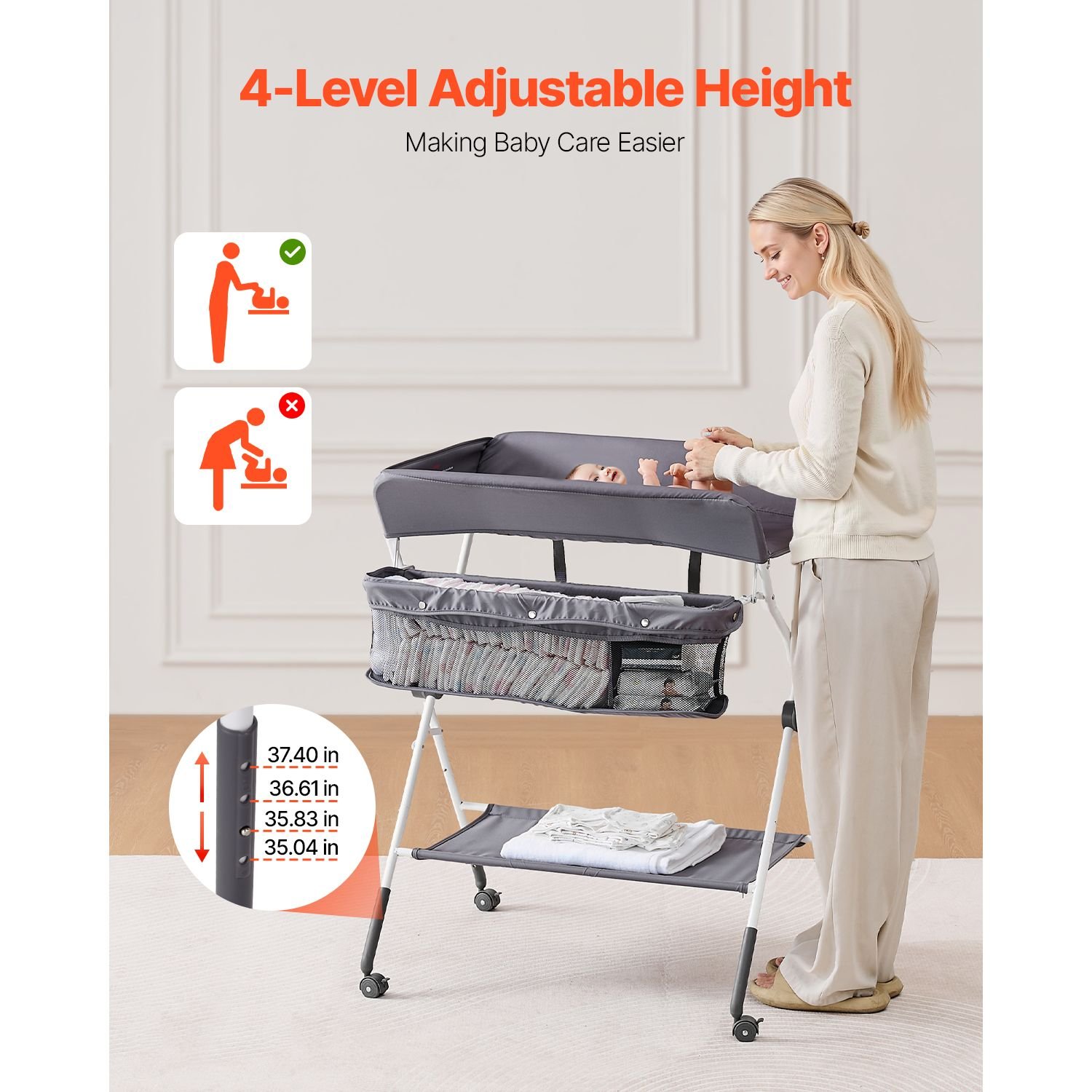 baby changing table, foldable diaper change station with side basket, adjustable height portable changing table with lockable wheels, multi functional storage organizer nursery, dark gray