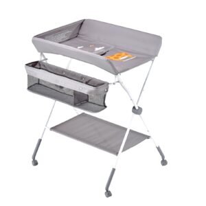 baby changing table, foldable diaper change station with side basket, adjustable height portable changing table with lockable wheels, multi functional storage organizer nursery, light gray