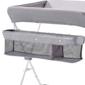 baby changing table, foldable diaper change station with side basket, adjustable height portable changing table with lockable wheels, multi functional storage organizer nursery, light gray
