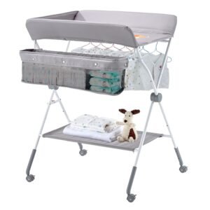 Baby Changing Table, Foldable Diaper Change Station with Side Basket, Adjustable Height Portable Changing Table with Lockable Wheels, Multi-Functional Storage Organizer Nursery, Light Gray