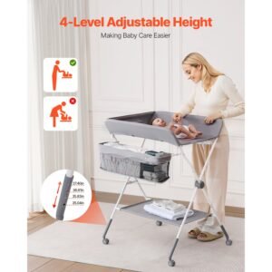 baby changing table, foldable diaper change station with side basket, adjustable height portable changing table with lockable wheels, multi functional storage organizer nursery, light gray