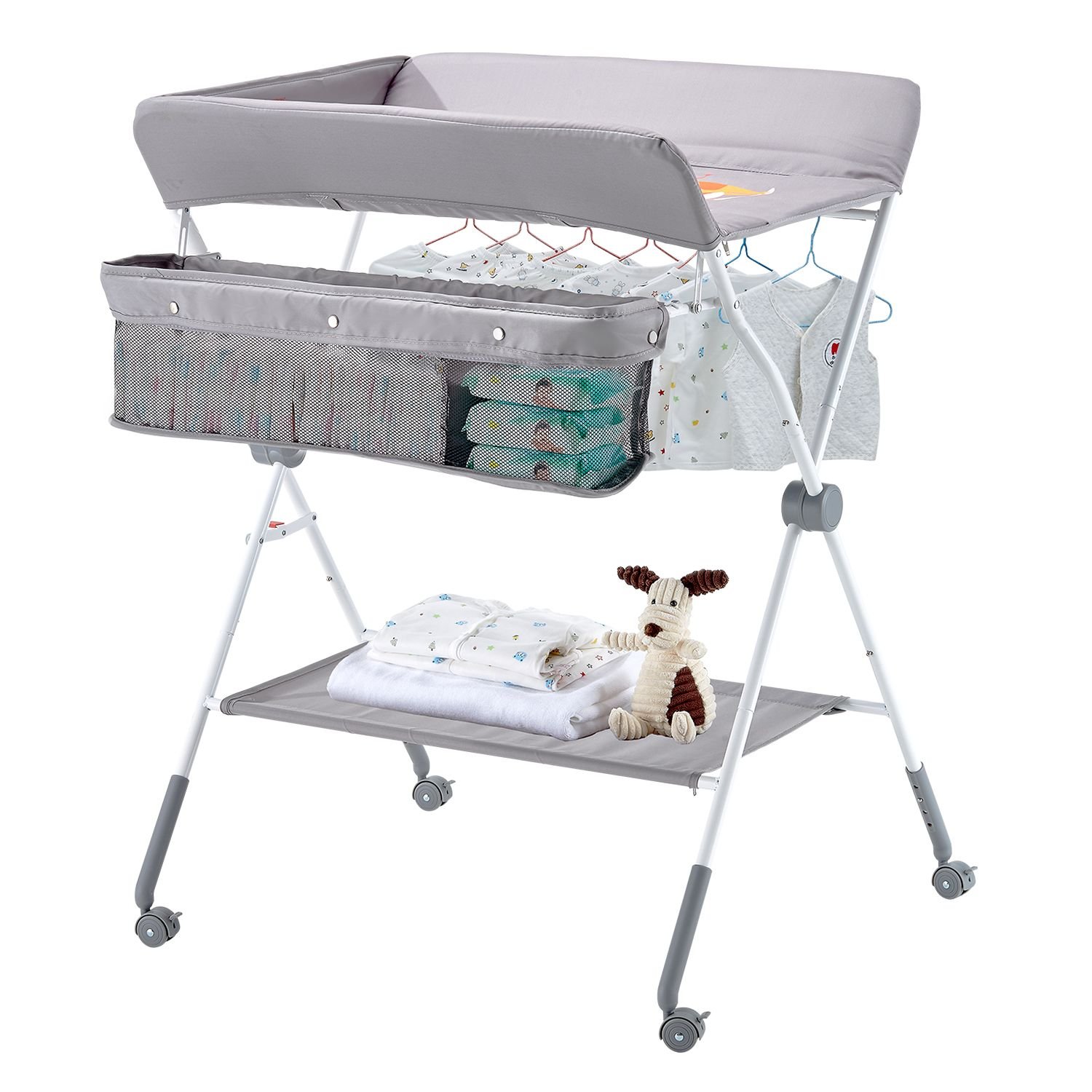 baby changing table, foldable diaper change station with side basket, adjustable height portable changing table with lockable wheels, multi functional storage organizer nursery, light gray