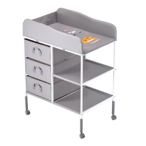 baby changing table, portable diaper change station with 3 fabric drawers and lockable wheels, adjustable height multi functional changing station table with storage organizer nursery, gray