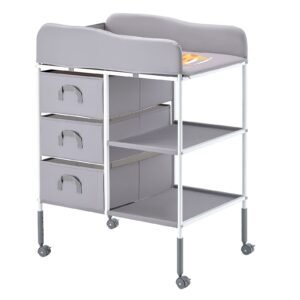 baby changing table, portable diaper change station with 3 fabric drawers and lockable wheels, adjustable height multi functional changing station table with storage organizer nursery, gray