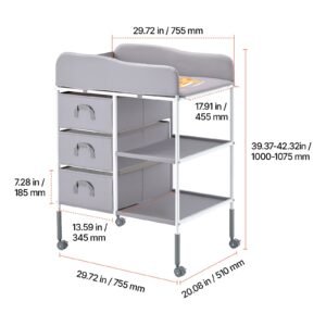 baby changing table, portable diaper change station with 3 fabric drawers and lockable wheels, adjustable height multi functional changing station table with storage organizer nursery, gray