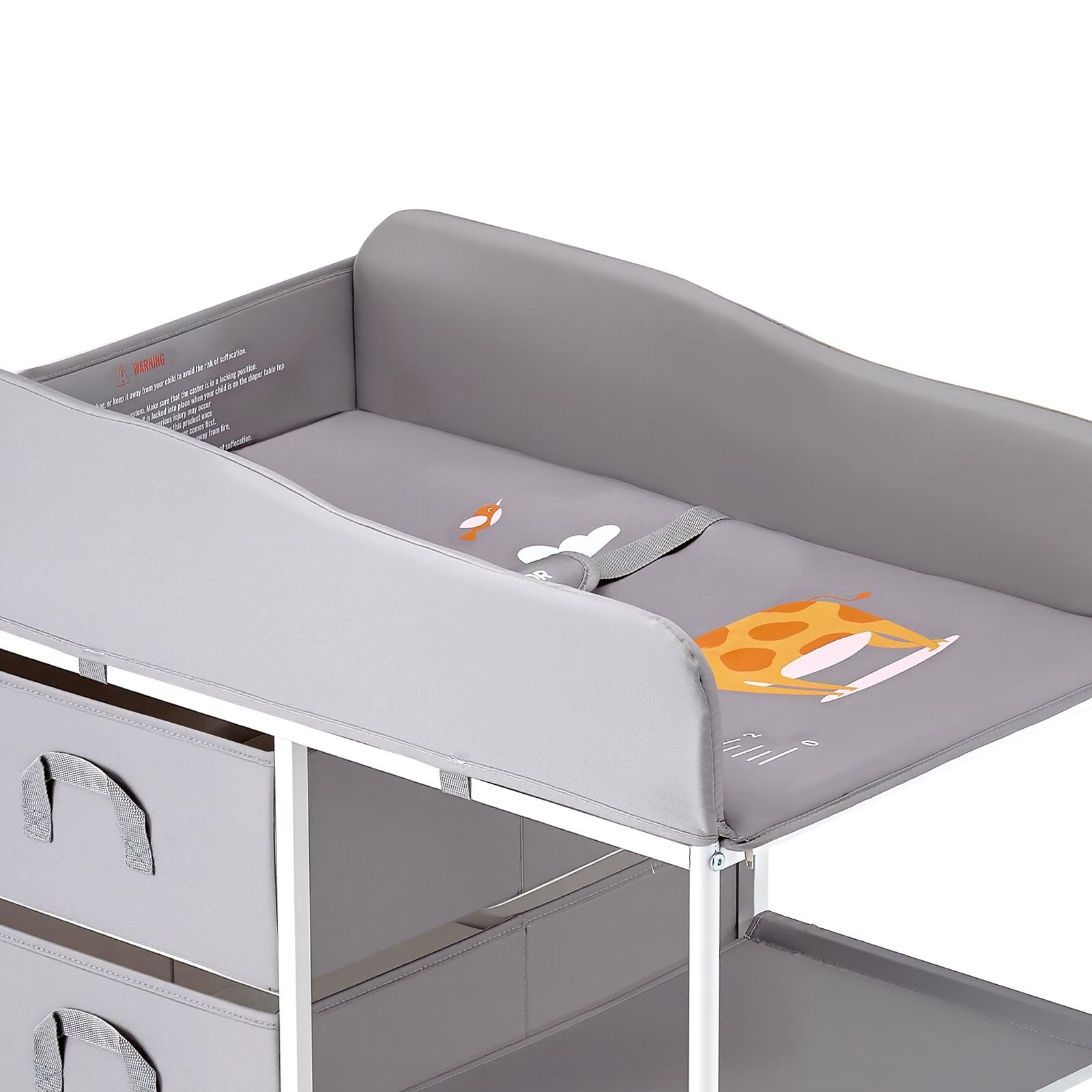 baby changing table, portable diaper change station with 3 fabric drawers and lockable wheels, adjustable height multi functional changing station table with storage organizer nursery, gray