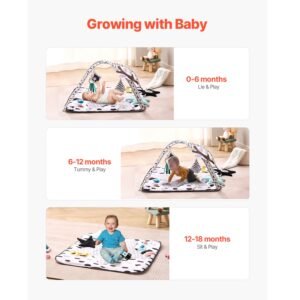 baby play gym mat, tummy time mat with 6 sensory toys, baby activity mat with 2 touch balls & soft fabric for sensory & motor skill development, baby essential gift for 0 18 month newborn infant
