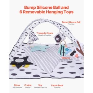 baby play gym mat, tummy time mat with 6 sensory toys, baby activity mat with 2 touch balls & soft fabric for sensory & motor skill development, baby essential gift for 0 18 month newborn infant