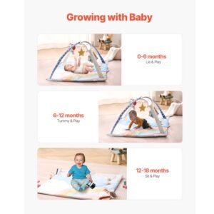 baby play gym mat, tummy time mat with 6 sensory toys, baby activity mat with light up musical rocket toy for 0 18 month newborn infant, baby essential gift for sensory & motor skill development
