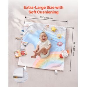 baby play gym mat, tummy time mat with 6 sensory toys, baby activity mat with light up musical rocket toy for 0 18 month newborn infant, baby essential gift for sensory & motor skill development