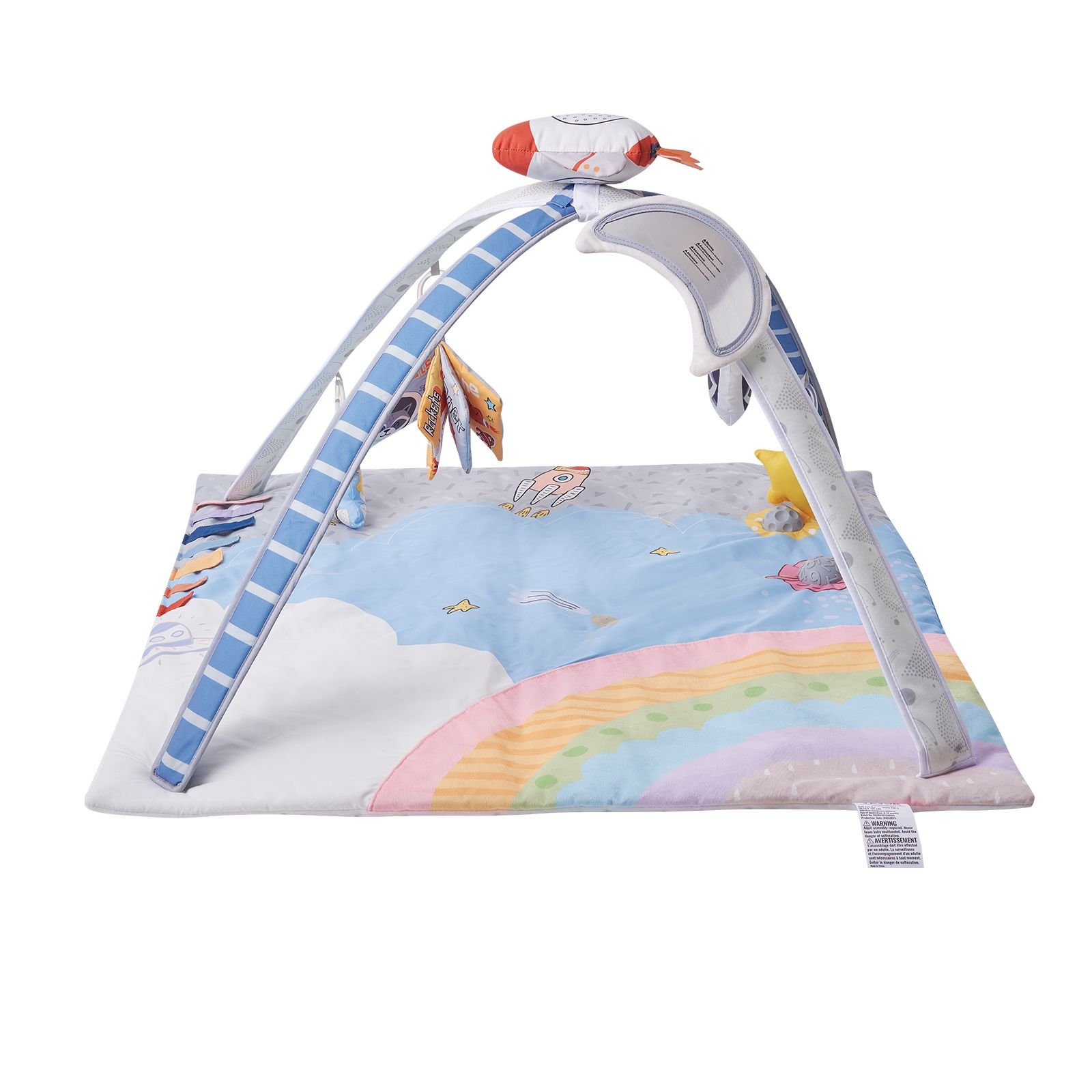 baby play gym mat, tummy time mat with 6 sensory toys, baby activity mat with light up musical rocket toy for 0 18 month newborn infant, baby essential gift for sensory & motor skill development