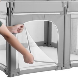 baby playpen, 47.2″ x 47.2″ foldable toddlers playpen, indoor/outdoor baby fence play yard with zippered door & soft breathable mesh, no gap toddlers activity center for 6 24 months babies