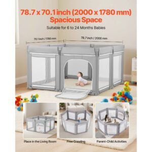 baby playpen, 78.7″ x 70.1″ extra large toddlers playpen, foldable baby fence play yard with zippered door & soft breathable mesh, indoor outdoor safety activity center great gift for toddlers
