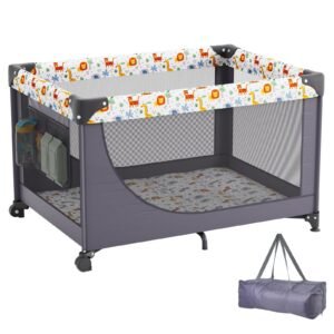 Baby Playpen Travel Crib, Quick-Folding Playpen for Baby & Toddler, Portable Baby Fence Play Yard with Wheels, Breathable Mesh & Travel Bag, Indoor/Outdoor Kids Activity Center for 0-36 Months
