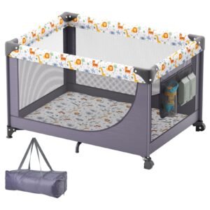 baby playpen travel crib, quick folding playpen for baby & toddler, portable baby fence play yard with wheels, breathable mesh & travel bag, indoor/outdoor kids activity center for 0 36 months