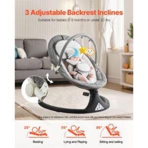 baby swing, 5 speed baby rocker with 3 seat position, portable infant swing for newborn with pvc touch panel, remote control, bluetooth, 10 lullabies & toy bar for 0 9 month/0 20 lbs boys girls
