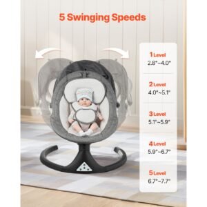 baby swing, 5 speed baby rocker with 3 seat position, portable infant swing for newborn with pvc touch panel, remote control, bluetooth, 10 lullabies & toy bar for 0 9 month/0 20 lbs boys girls