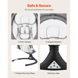 baby swing, 5 speed baby rocker with 3 seat position, portable infant swing for newborn with pvc touch panel, remote control, bluetooth, 10 lullabies & toy bar for 0 9 month/0 20 lbs boys girls