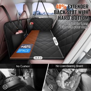 back seat extender for dogs,dog hammock for car back seat, dog car seat cover with hard bottom dog car seat bed 53"x24.8" ,supports 350lb with mesh window and storage pocket for car, suv,truck