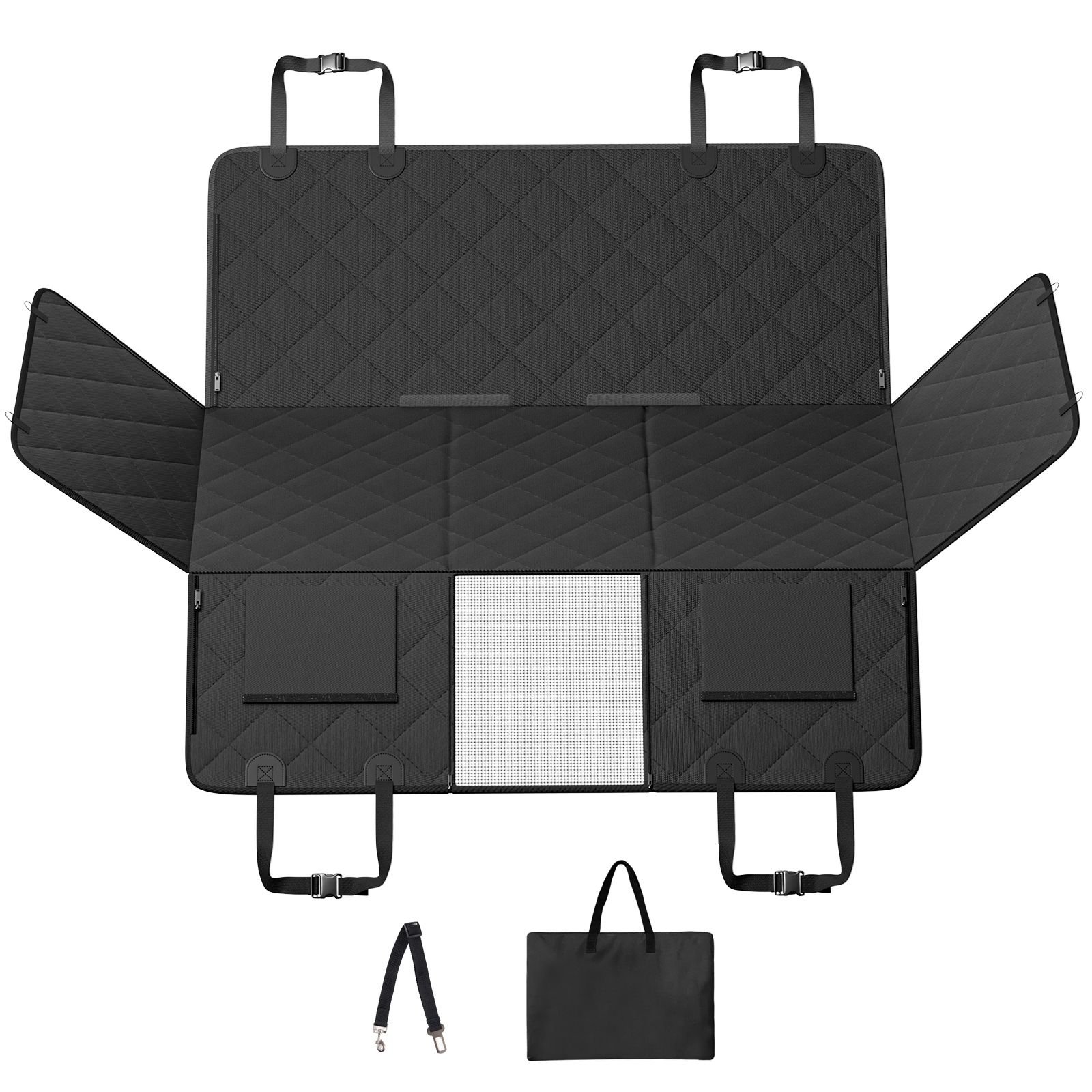 back seat extender for dogs,dog hammock for car back seat, dog car seat cover with hard bottom dog car seat bed 53"x24.8" ,supports 350lb with mesh window and storage pocket for car, suv,truck