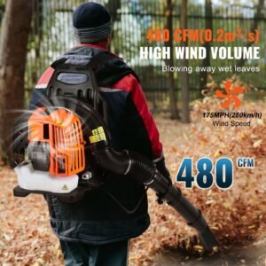 backpack leaf blower, 52cc 2 cycle leaf blower with 1.37l fuel tank, 480cfm air volume 175mph speed, ideal for lawn care, leaf cleaning, and snow removal