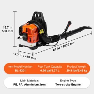 backpack leaf blower, 52cc 2 cycle leaf blower with 1.37l fuel tank, 480cfm air volume 175mph speed, ideal for lawn care, leaf cleaning, and snow removal