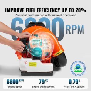 backpack leaf blower, 79cc 2 cycle gas leaf blower with 3l fuel tank, 930cfm air volume 184mph speed, ideal for lawn care, leaf cleaning, and snow removal