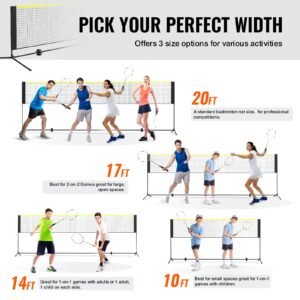 badminton net, height adjustable volleyball net, 20ft wide foldable pickleball net, portable tennis net set with poles, stand, bag, rackets, nylon shuttlecocks, kid backyard indoor outdoor use