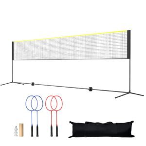 Badminton Net, Height Adjustable Volleyball Net, 20ft Wide Foldable Pickleball Net, Portable Tennis Net Set with Poles, Stand, Bag, Rackets, Nylon Shuttlecocks, Kid Backyard Indoor Outdoor Use