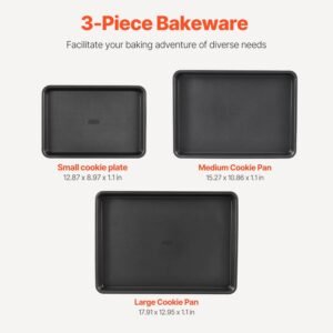 baking pans set, 3 piece, nonstick carbon steel cookware sheets & trays, stackable kitchen oven bakeware cooking sets with silicone handles, easy to clean, for baking cookie cake muffin bread