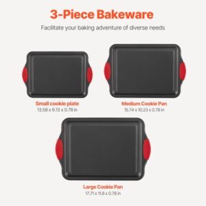 baking pans set, 3 piece, nonstick carbon steel cookware sheets & trays, stackable kitchen oven bakeware cooking sets with silicone handles, easy to clean, for baking cookie cake muffin bread