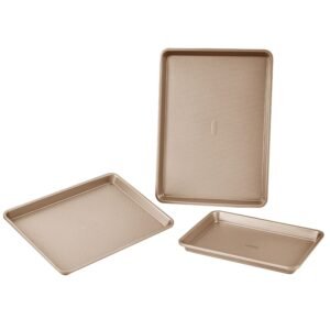 Baking Pans Set, 3-Piece, Nonstick Carbon Steel Cookware Sheets & Trays, Stackable Kitchen Oven Bakeware Cooking Sets with Silicone Handles, Easy to Clean, for Baking Cookie Cake Muffin Bread