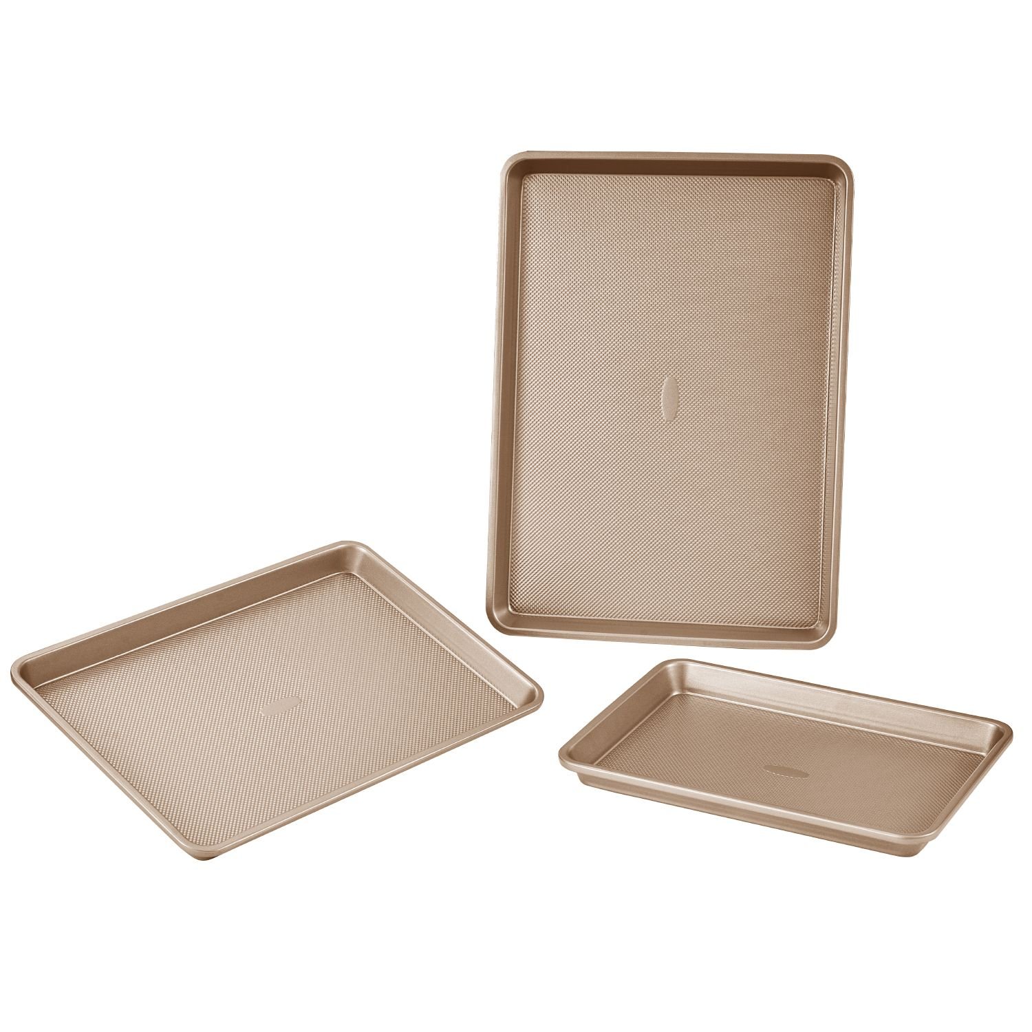 baking pans set, 3 piece, nonstick carbon steel cookware sheets & trays, stackable kitchen oven bakeware cooking sets with silicone handles, easy to clean, for baking cookie cake muffin bread