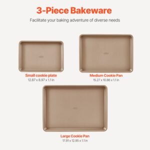baking pans set, 3 piece, nonstick carbon steel cookware sheets & trays, stackable kitchen oven bakeware cooking sets with silicone handles, easy to clean, for baking cookie cake muffin bread