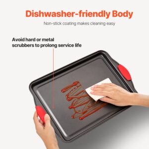 baking pans set, 3 piece, nonstick carbon steel cookware sheets & trays, stackable kitchen oven bakeware cooking sets with silicone handles, easy to clean, for baking cookie cake muffin bread