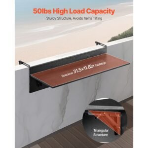 balcony hanging table, 12 x 32 in folding balcony railing table, outdoor balcony bar table for railings, 50 lbs loading, fit railing from 1" to 4.3", serving table for patio & deck