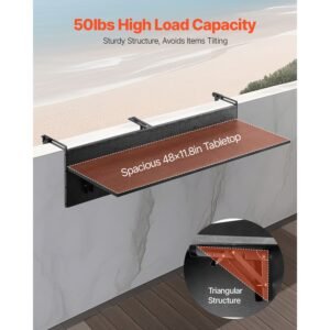 balcony hanging table, 12 x 48 in folding balcony railing table, outdoor balcony bar table for railings, 50 lbs loading, fit railing from 1" to 4.3", serving table for patio & deck