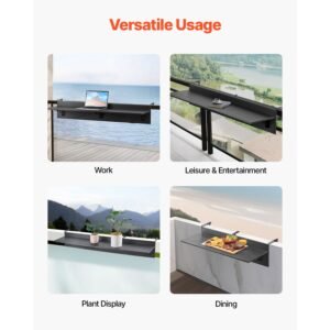 balcony hanging table, 12 x 48 in folding balcony railing table, outdoor balcony bar table for railings, 50 lbs loading, fit railing from 1" to 4.3", serving table for patio & deck