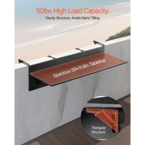 balcony hanging table, 12 x 59 in folding balcony railing table, outdoor balcony bar table for railings, 50 lbs loading, fit railing from 1" to 5.9", serving table for patio & deck