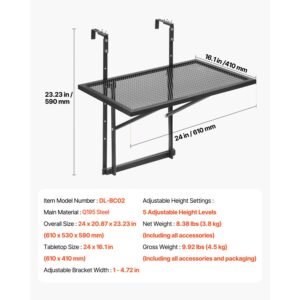 balcony hanging table, 19 x 24 in metal folding balcony railing table, outdoor balcony bar table for railings, 5 level adjustable, fit railing from 1" to 4.7", serving table for patio & deck