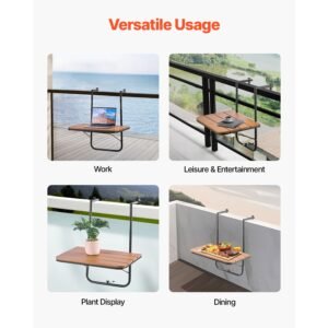 balcony hanging table, 25 x 24 in folding balcony railing table, outdoor balcony bar table for railings, 4 level adjustable, fit railing from 1" to 8.27", serving table for patio & deck