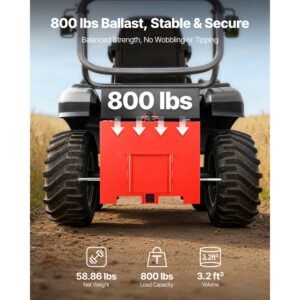 ballast box, 3 point category 1 tractor ballast of 800 lbs capacity, with standard 2 inch hitch receiver, heavy duty steel 3.2 ft³ large volume durable loader attachment with sliding door, red