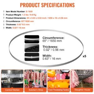band saw blade, 65x0.63x0.02 inch, 5 pcs/pack meat bandsaw blades for replacement, carbon steel blade, meat cutting blade wrapped by rust proof paper, fit for commercial bone saw machines