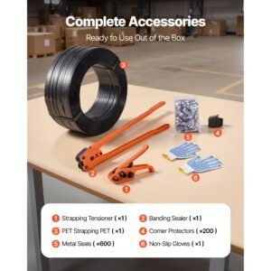 banding strapping kit, heavy duty banding sealer tool with 2000 ft pet band, 600 metal seals, 200 corner protectors, plastic pallet packaging strapping kit for warehouse, transportation, home