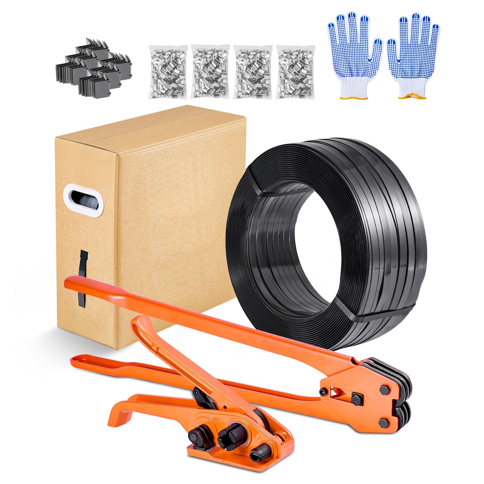 banding strapping kit, heavy duty banding sealer tool with 2000 ft pet band, 600 metal seals, 200 corner protectors, plastic pallet packaging strapping kit for warehouse, transportation, home