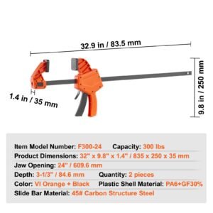 bar clamps for woodworking, 2 pack 24" one handed clamp/spreader, quick change f clamp with 300 lbs load limit, high strength plastic and carbon steel, wood clamps for woodworking metal working