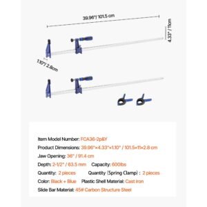 bar clamps for woodworking, 2 pack 36 inch opening, lockable f clamp with 600 lbs load limit, 2 1/2 inch depth, cast iron and carbon steel, easy to use, wood clamps for woodworking metal working