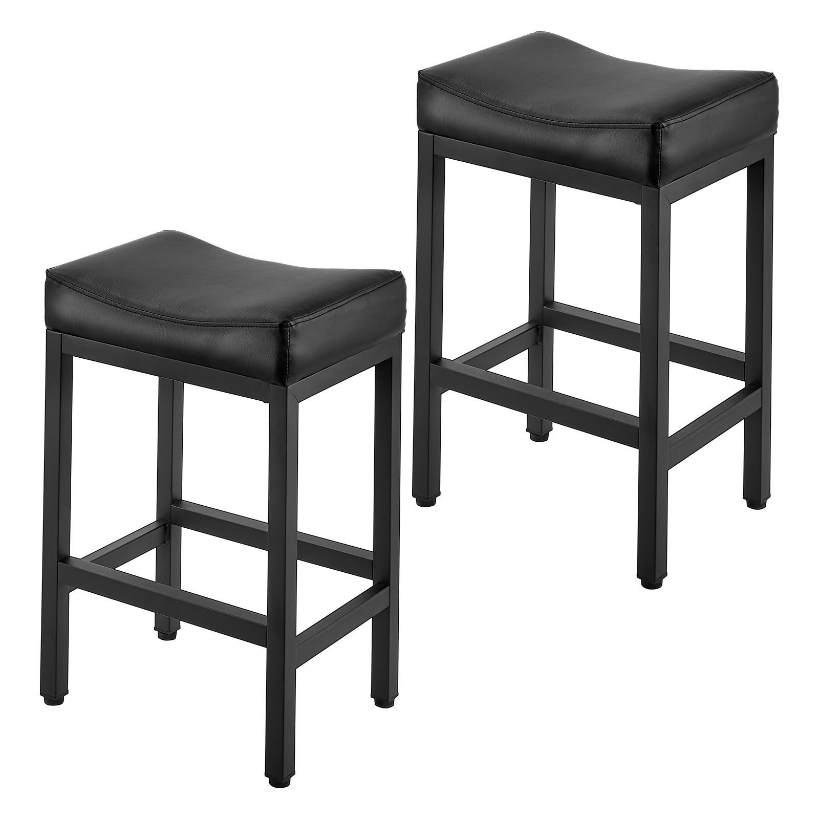 bar stool set of 2, pu leather counter height stools, 25 inch barstool with saddle seat and metal legs, easy assembly backless bar chair, island barstools for kitchen, dining room, cafe, black
