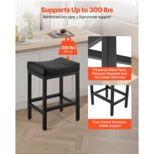 bar stool set of 2, pu leather counter height stools, 25 inch barstool with saddle seat and metal legs, easy assembly backless bar chair, island barstools for kitchen, dining room, cafe, black